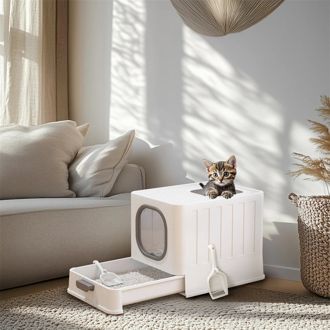 Bingopaw Cat Litter Tray Box: Foldable Top Entry Extra Large Cats Toilet with Lid Kitten Litter Tray Easy Cleaning Drawer Design