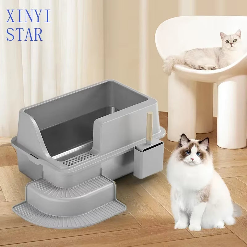 Stainless Steel Semi Enclosed Xl Cat Litter Basin Xl Litter Box for Big Cats Easy Cleaning Litter Box