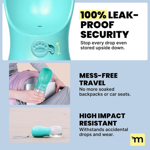Portable Dog Water Bottle - 19 Oz, Blue - Leak-Proof Water Bowl Dispenser with Lock for Hiking, Travel & On-The-Go