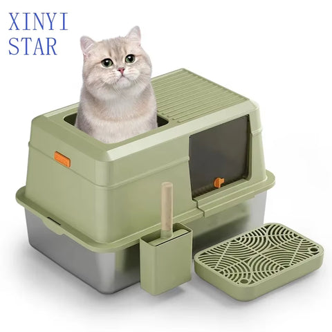 Stainless Steel Semi Enclosed Xl Cat Litter Basin Xl Litter Box for Big Cats Easy Cleaning Litter Box