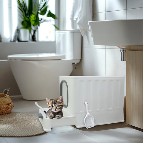 Bingopaw Cat Litter Tray Box: Foldable Top Entry Extra Large Cats Toilet with Lid Kitten Litter Tray Easy Cleaning Drawer Design