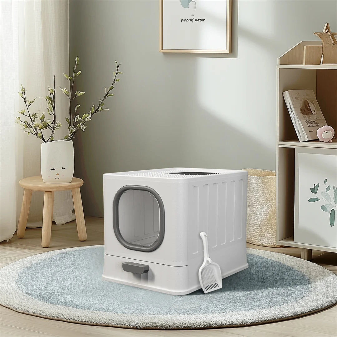 Bingopaw Cat Litter Tray Box: Foldable Top Entry Extra Large Cats Toilet with Lid Kitten Litter Tray Easy Cleaning Drawer Design