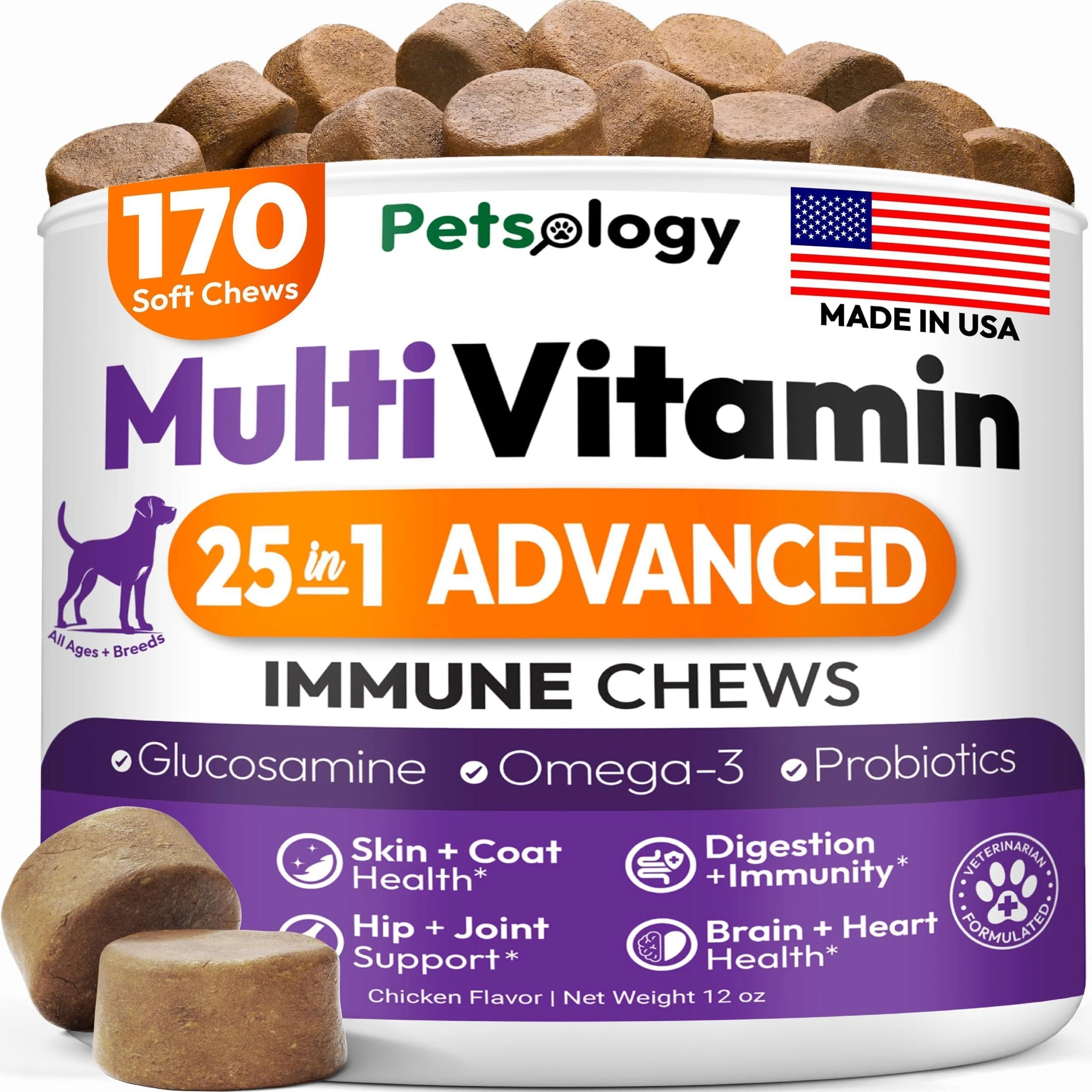 Petsology Multi Vitamin 25 in 1 Advanced Immune Chews packaging with multivitamin text and USA flag.
