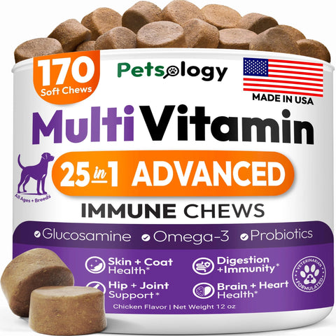 Petsology Multi Vitamin 25 in 1 Advanced Immune Chews packaging with multivitamin text and USA flag.