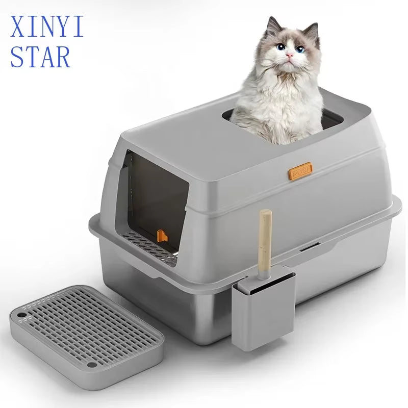 Stainless Steel Semi Enclosed Xl Cat Litter Basin Xl Litter Box for Big Cats Easy Cleaning Litter Box