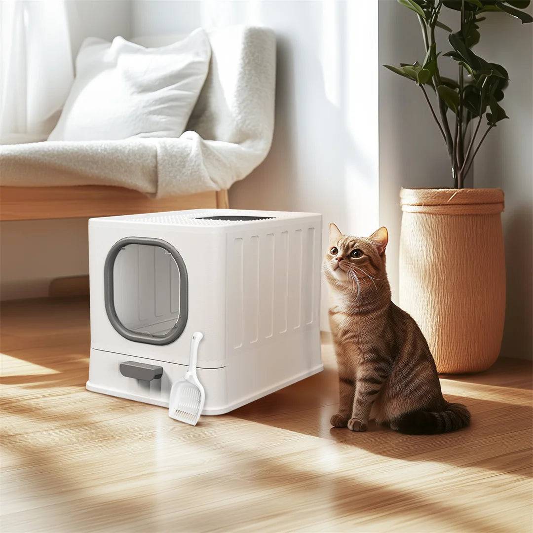 Bingopaw Cat Litter Tray Box: Foldable Top Entry Extra Large Cats Toilet with Lid Kitten Litter Tray Easy Cleaning Drawer Design