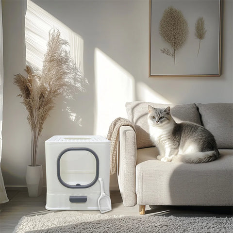 Bingopaw Cat Litter Tray Box: Foldable Top Entry Extra Large Cats Toilet with Lid Kitten Litter Tray Easy Cleaning Drawer Design
