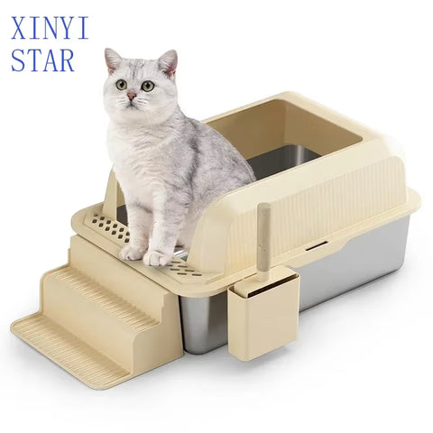 Stainless Steel Semi Enclosed Xl Cat Litter Basin Xl Litter Box for Big Cats Easy Cleaning Litter Box