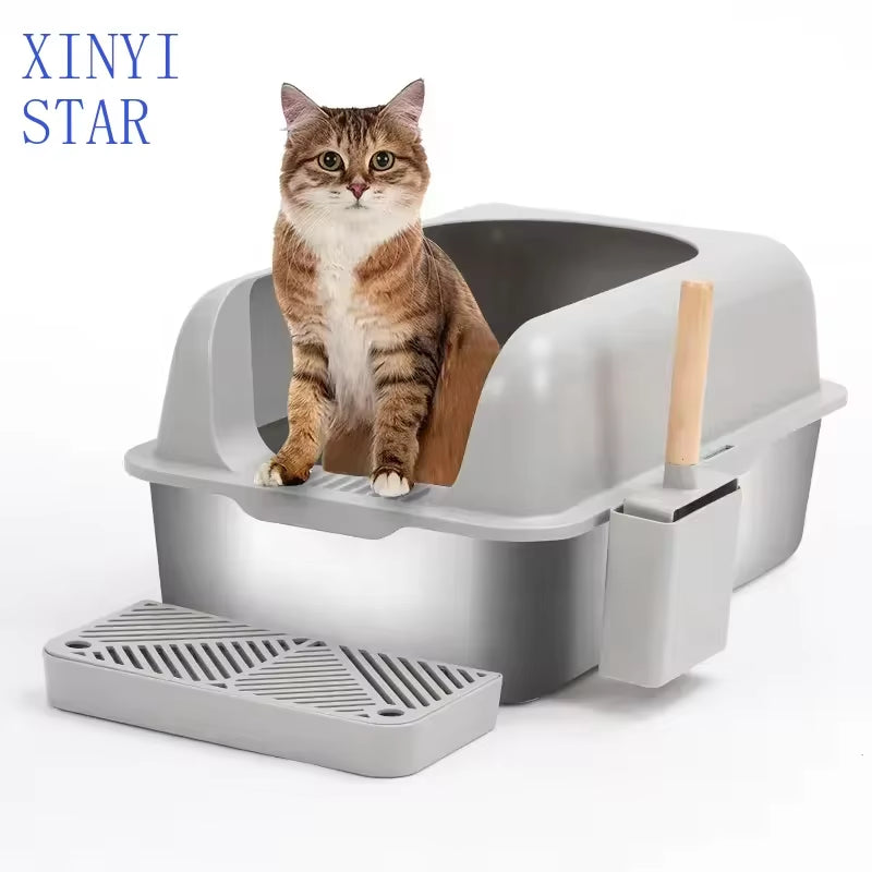 Stainless Steel Semi Enclosed Xl Cat Litter Basin Xl Litter Box for Big Cats Easy Cleaning Litter Box